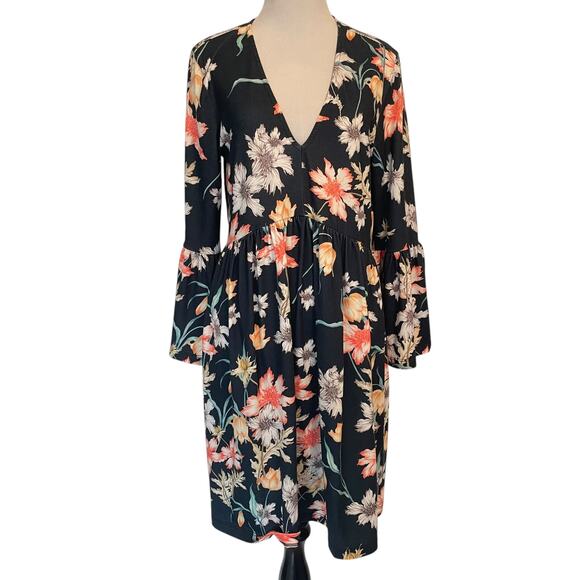ASOS Navy Floral Dress Womens Size 8 Bell Sleeves Stretch Knit Boho Feminine - Picture 2 of 9